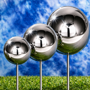 Edelstahlkugeln am Stab 3er-Set  je 1 x Durchmesser 10, 13, 18 cm
